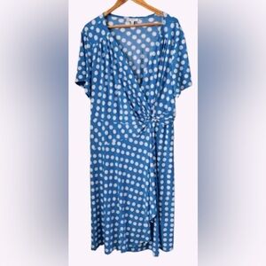 Robbie Bee blu w wht polka dot wrp faux wrap s/s drss SZ 3X preppy Easter whimsy